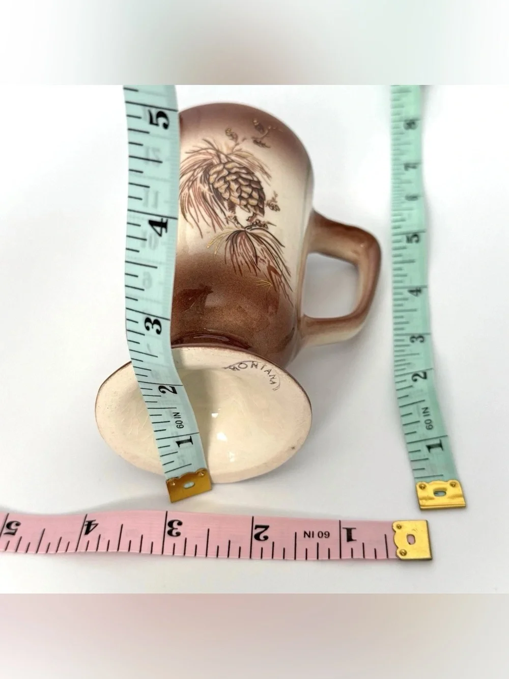 Pinecone Pedestal Mug Brown Cream Crackle Glaze Cabin Cottagecore Cup